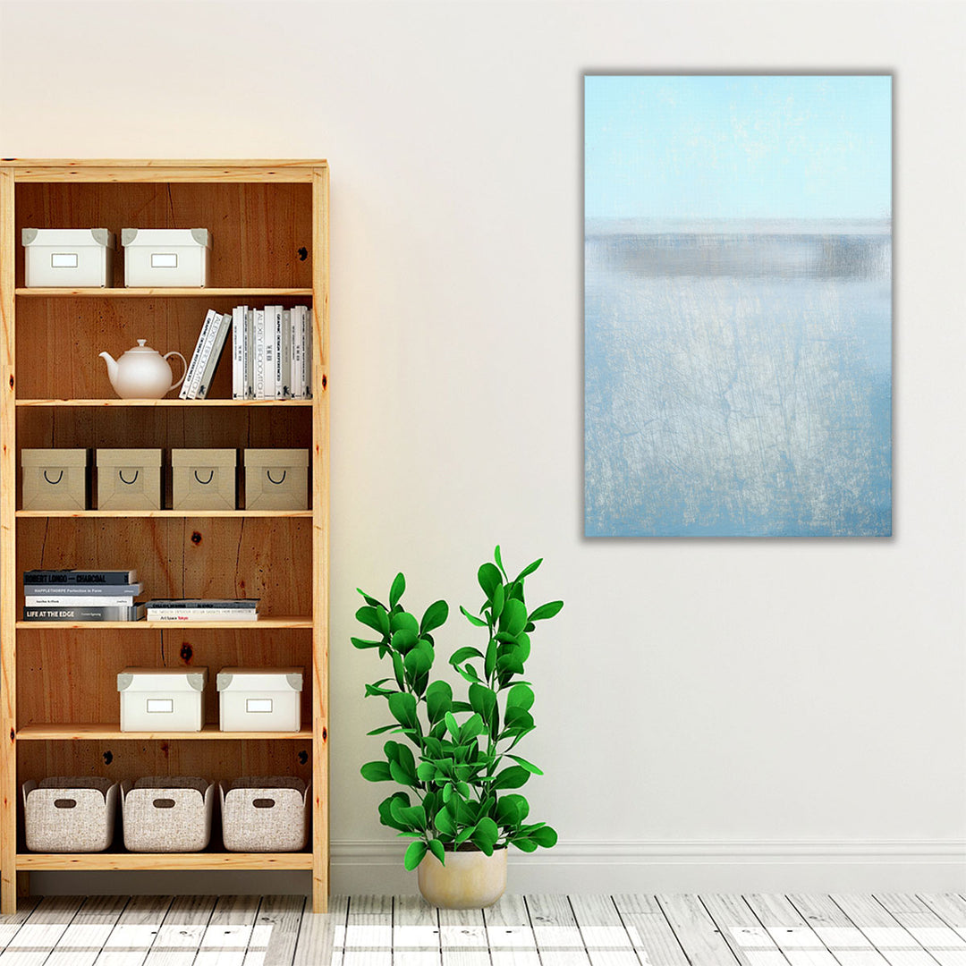Living room print with modern blue artwork