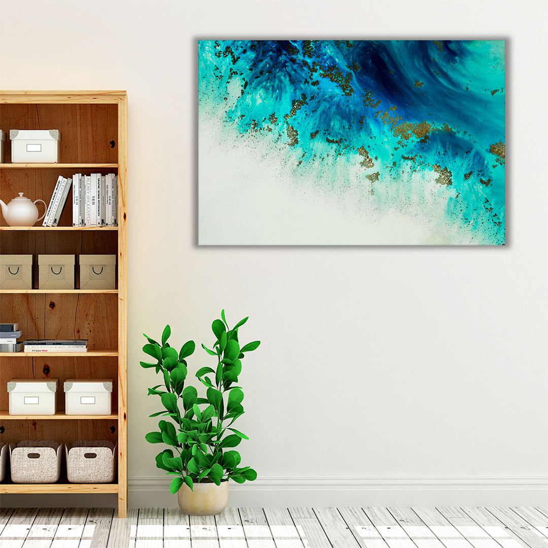 Living room artwork in blue and white tones