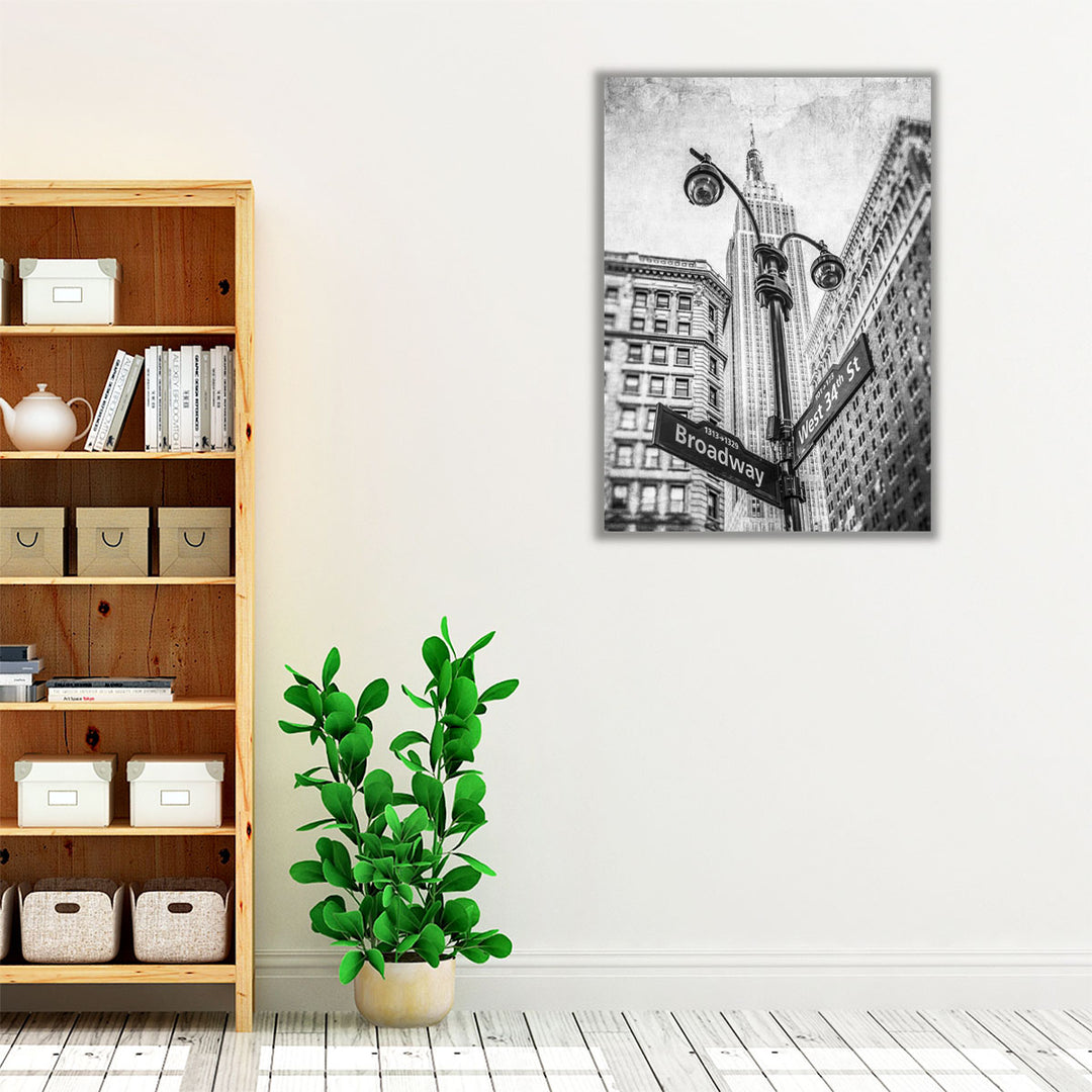 Street Lamp And Signs With Empire State Building, New York 1 Black And White - Canvas Print Wall Art
