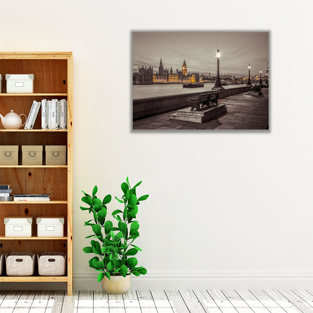 Benches By The Walkway Next To The River Thames, London - Canvas Print Wall Art
