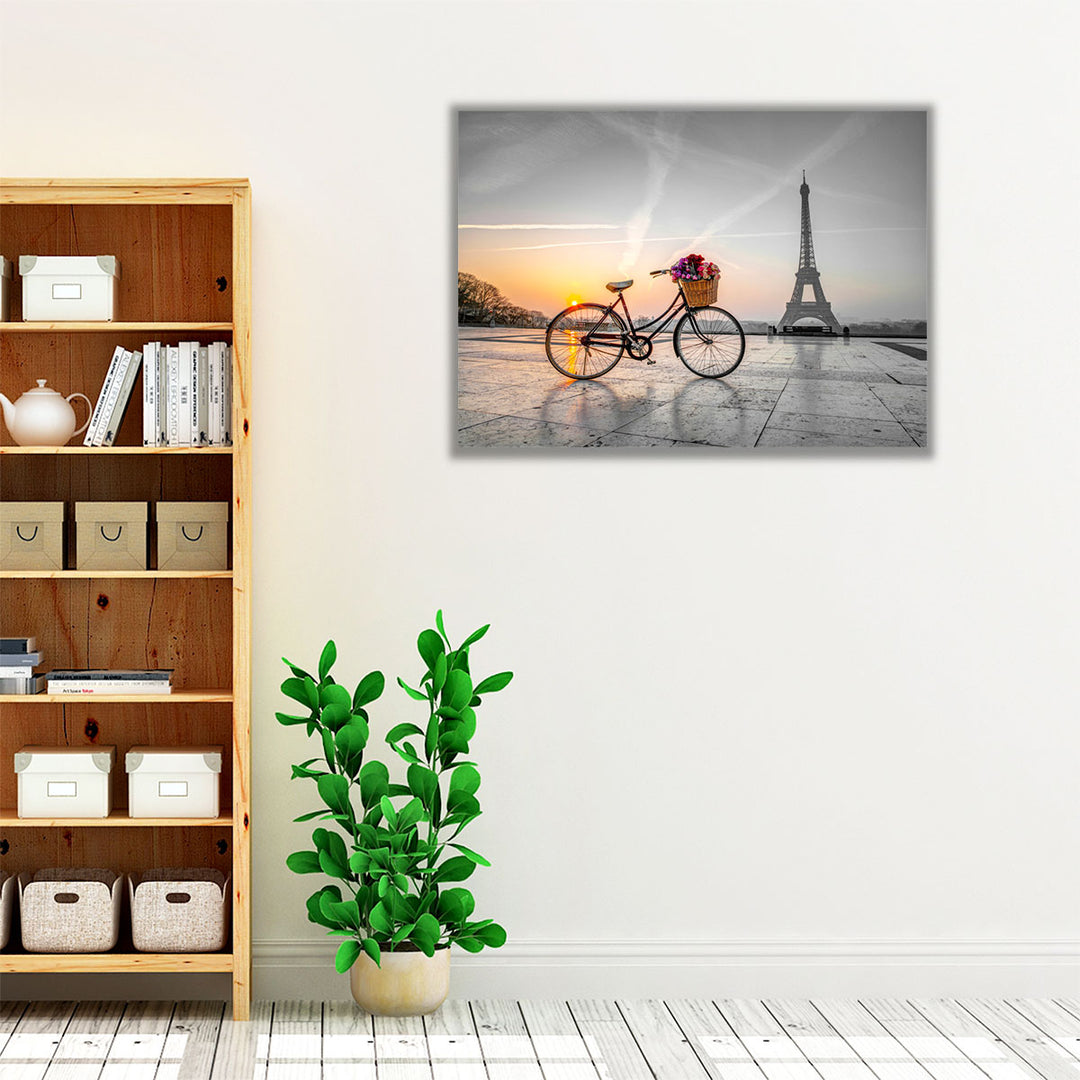 Bicycle With A Basket of Flowers, Eiffel Tower 1 - Canvas Print Wall Art