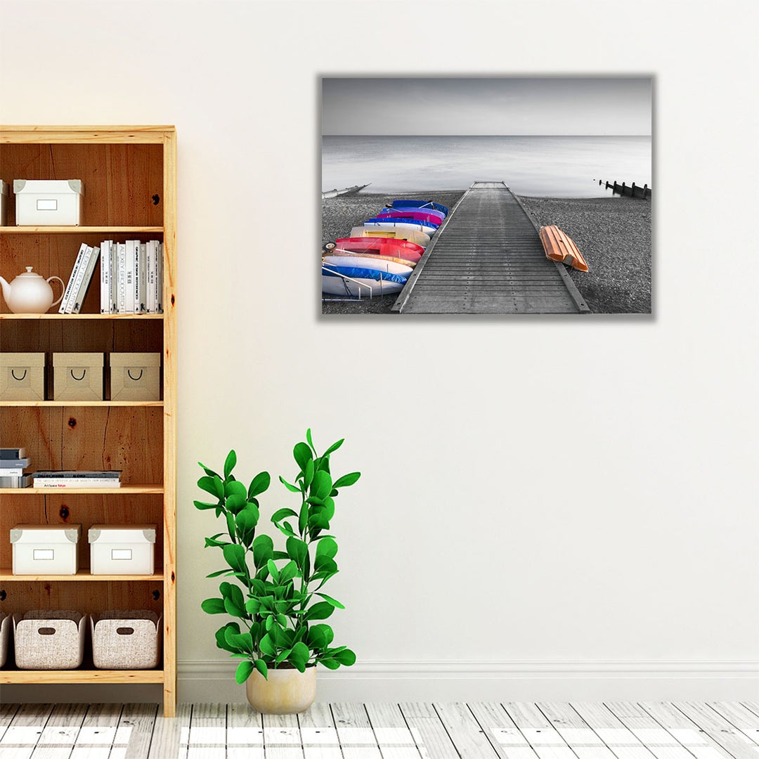 Kayaks On The Side Of Pier - Canvas Print Wall Art