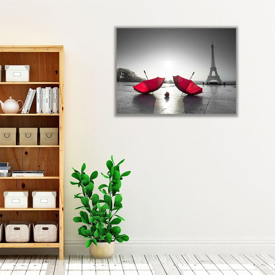 Two Umbrellas next to the Eiffel Tower - Canvas Print Wall Art