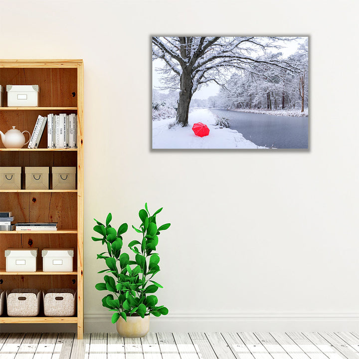 Umbrella by a Canal with Snow Covered Trees - Canvas Print Wall Art