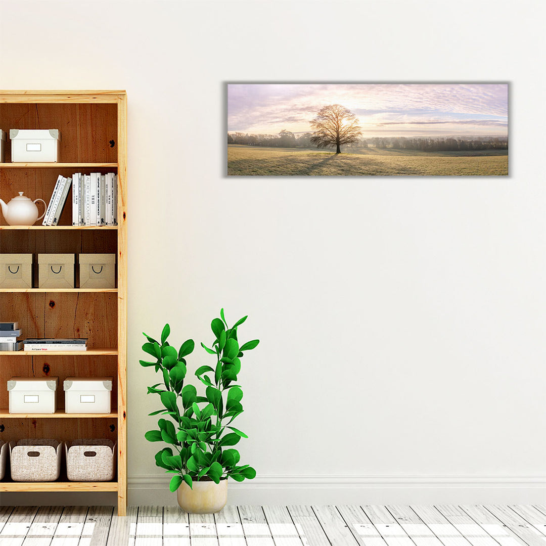 Rustic wall art with neutral tones of tree and meadow