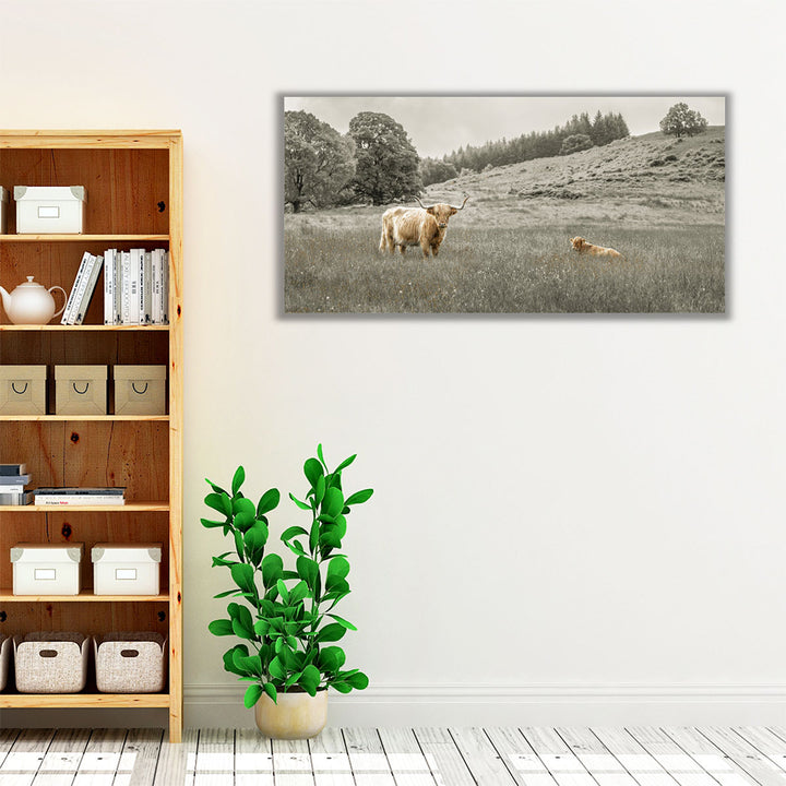Rustic farmhouse wall art with cow and landscape