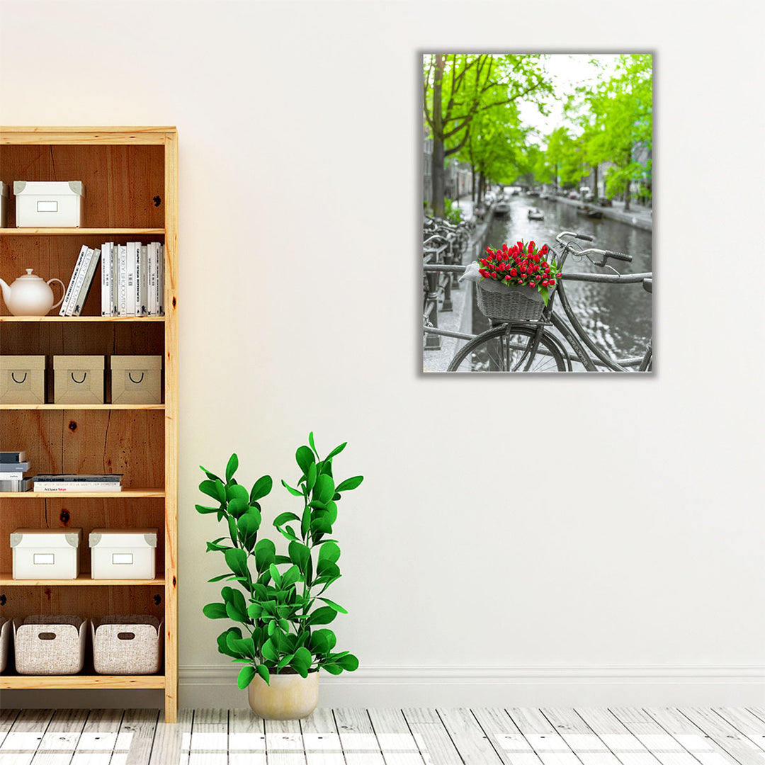 Bicycle With Bunch Of Flowers By The Canal, Amsterdam - Canvas Print Wall Art