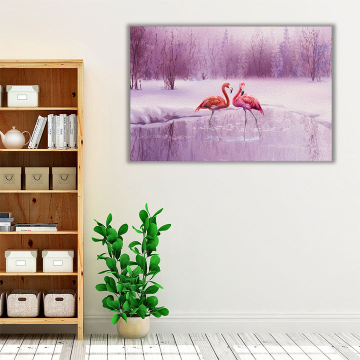 A Pair of Pink Flamingos in a Pond - Canvas Print Wall Art