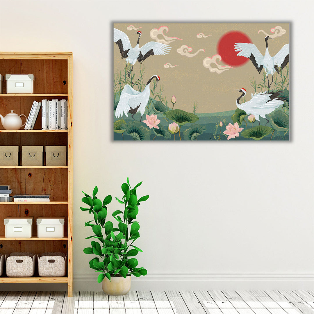 Japanese Style Art Painting, Cranes at Sunset - Canvas Print Wall Art