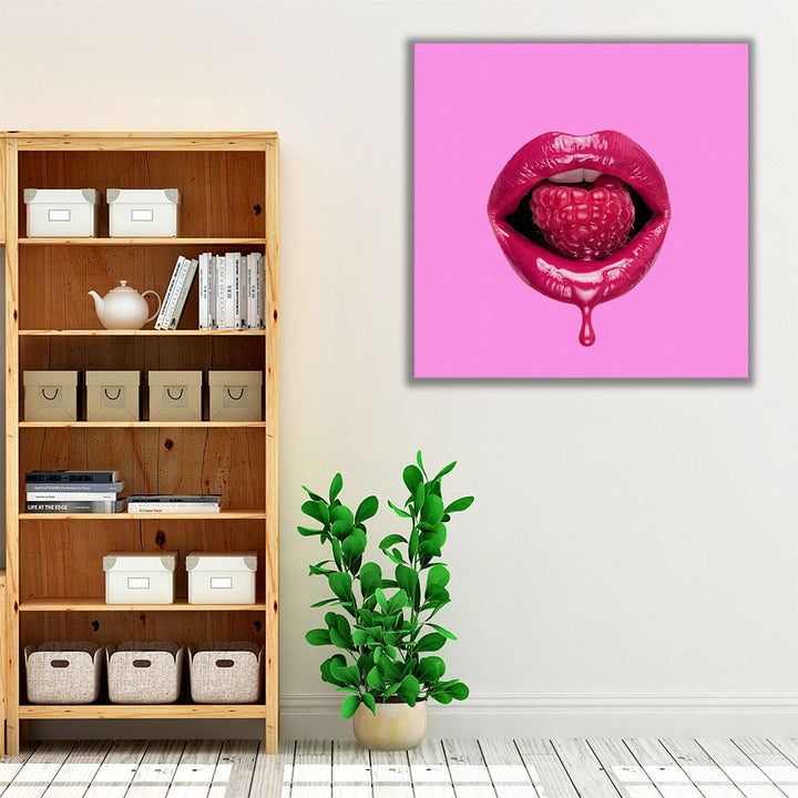 Red Dripping Lips Biting Strawberry - Canvas Print Wall Art