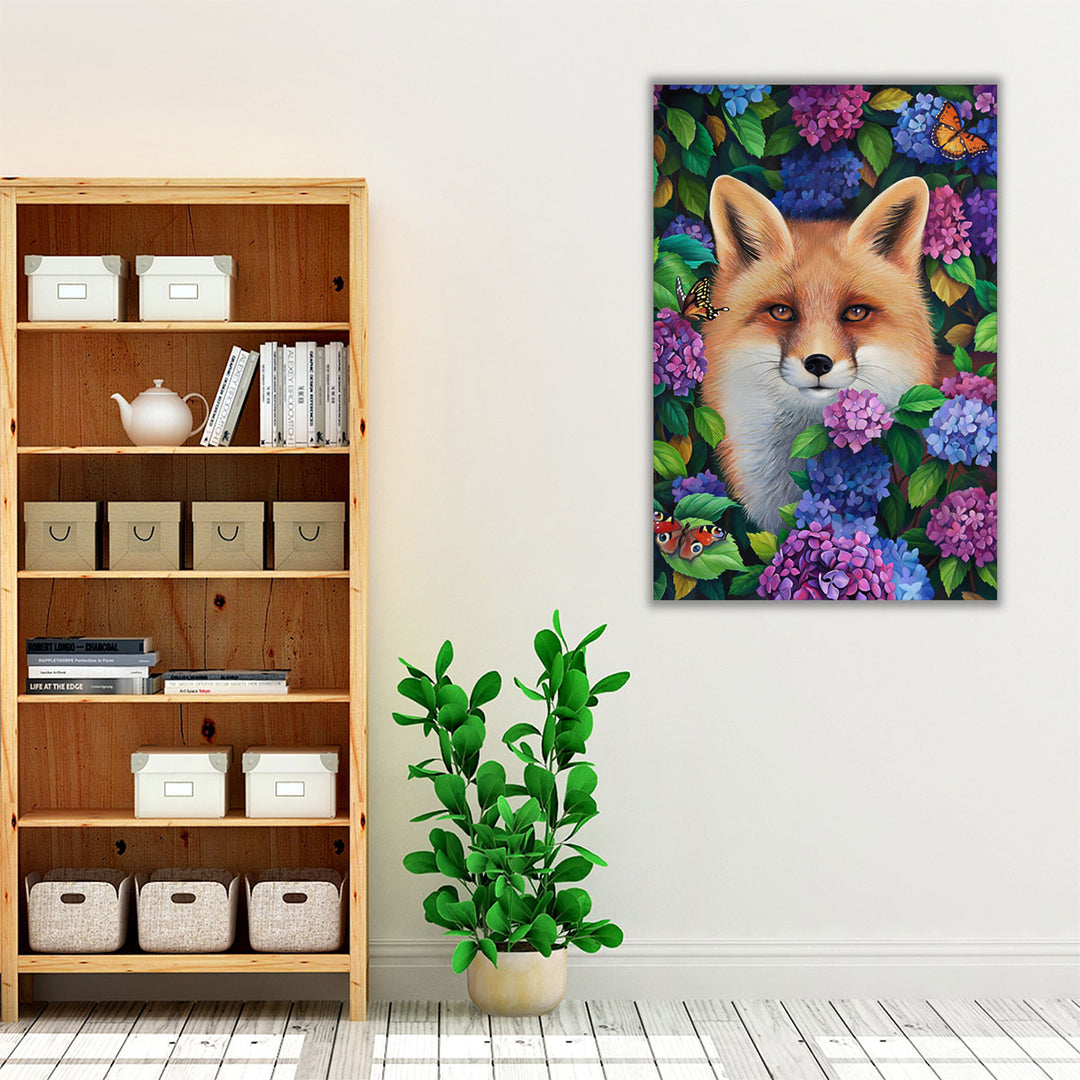 A Cute Fox In Hydrangea Flowers - Canvas Print Wall Art