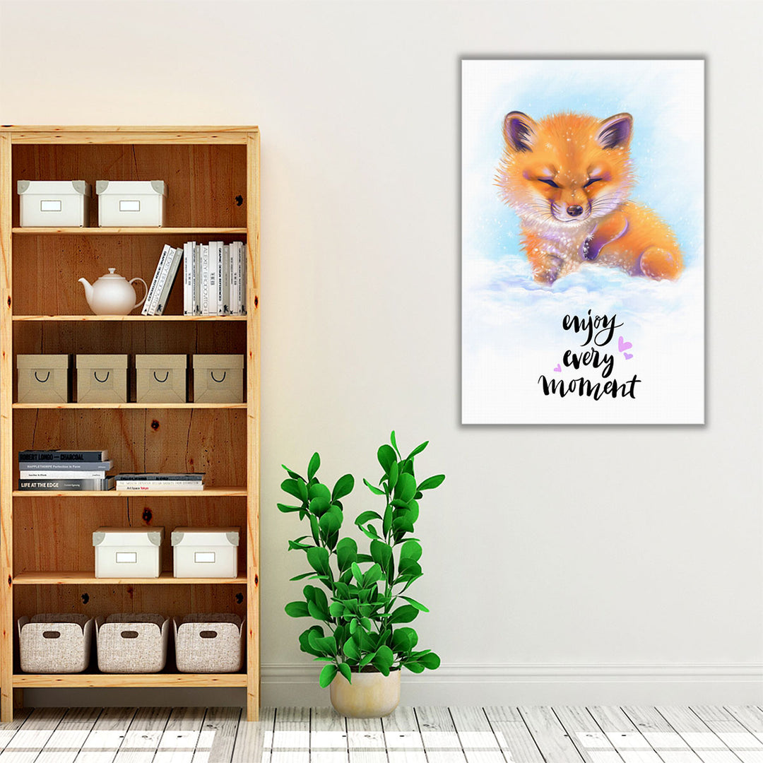 Enjoy Every Moment - Cute Baby Fox in the Snow - Canvas Print Wall Art