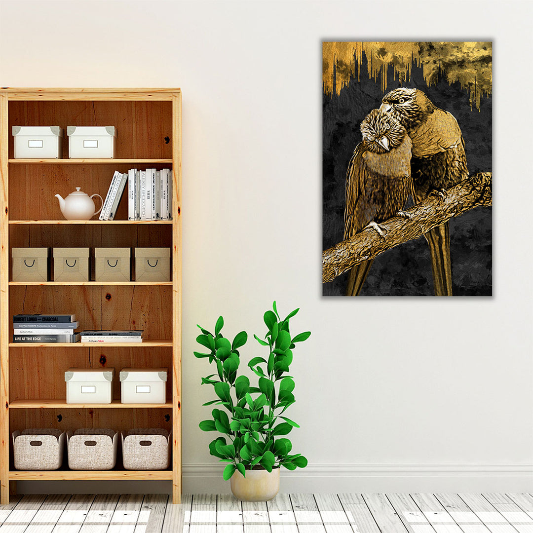 Gold Abstract of Two Parrots in Love - Canvas Print Wall Art