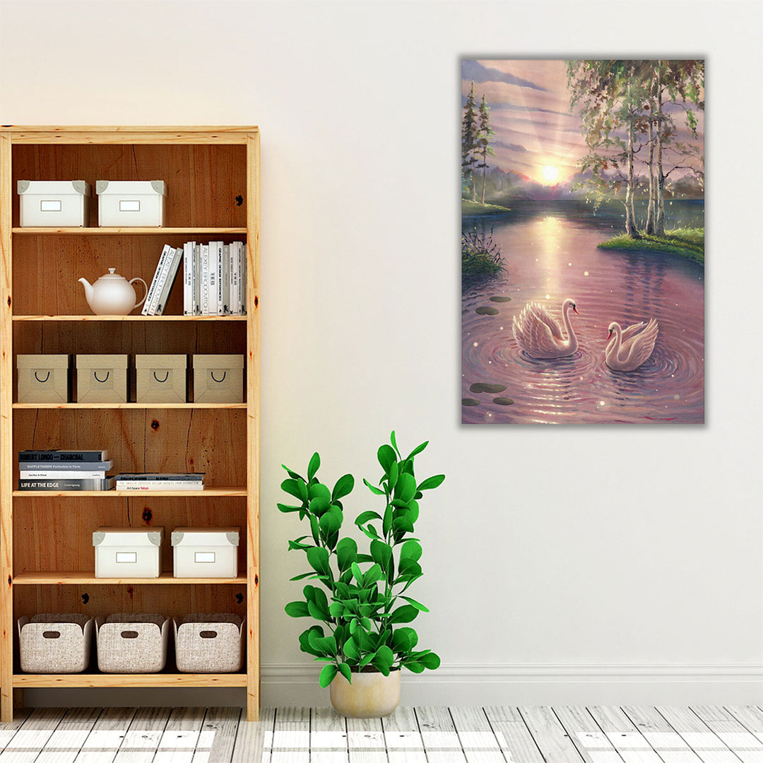 Magical Lake With Swans at Sunrise - Canvas Print Wall Art