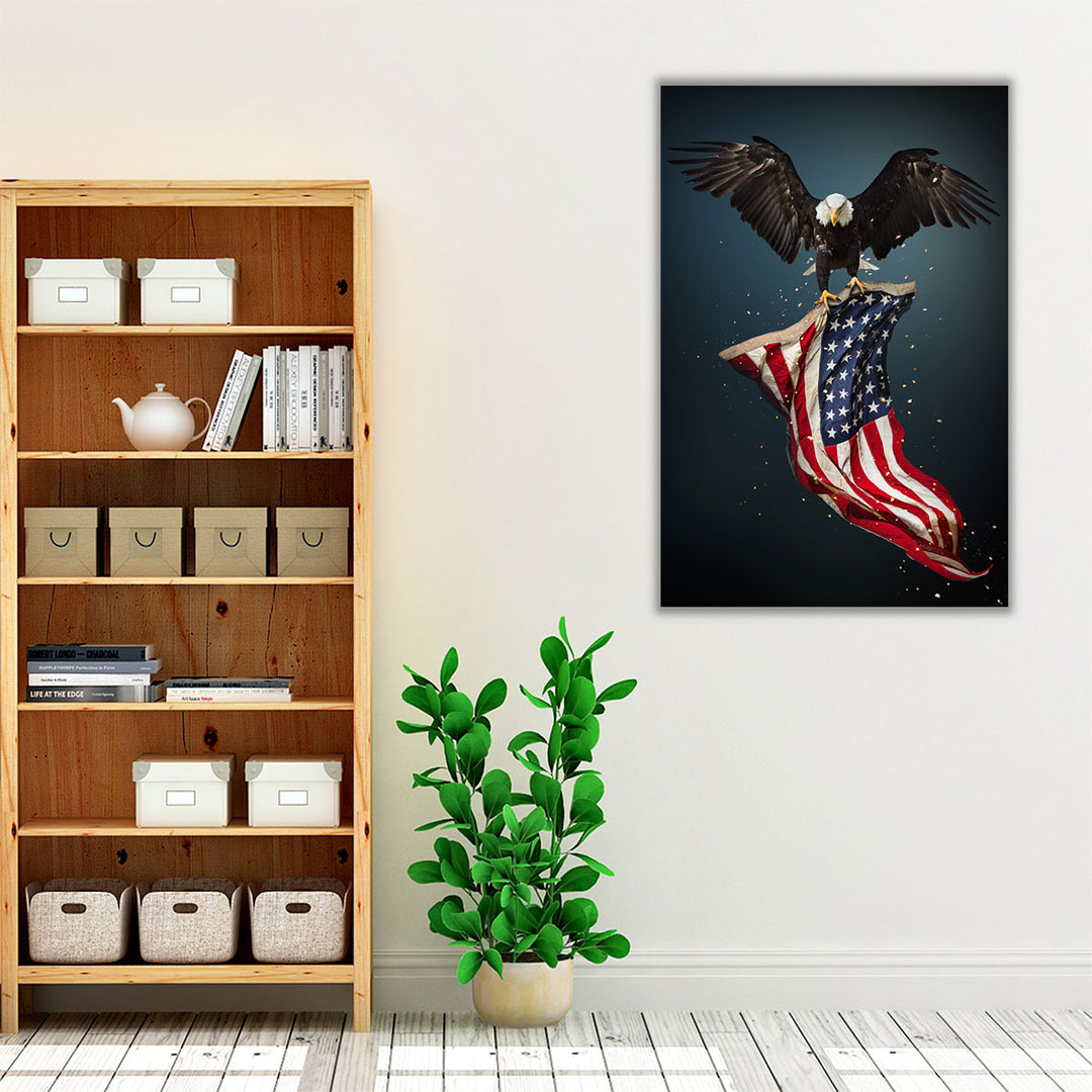North American Eagle Flying With American Flag - Canvas Print Wall Art