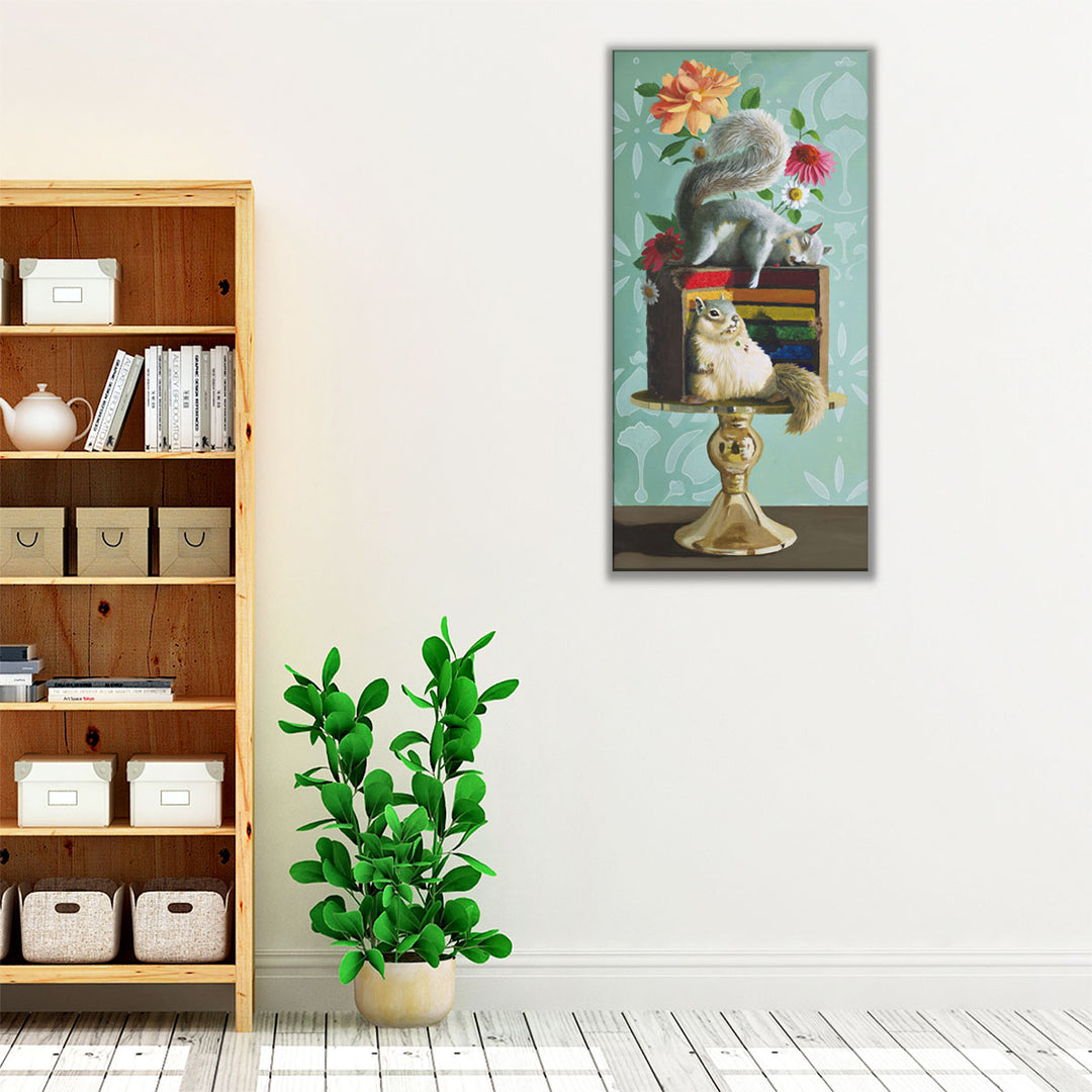 vibrant dining room art – squirrels and cake