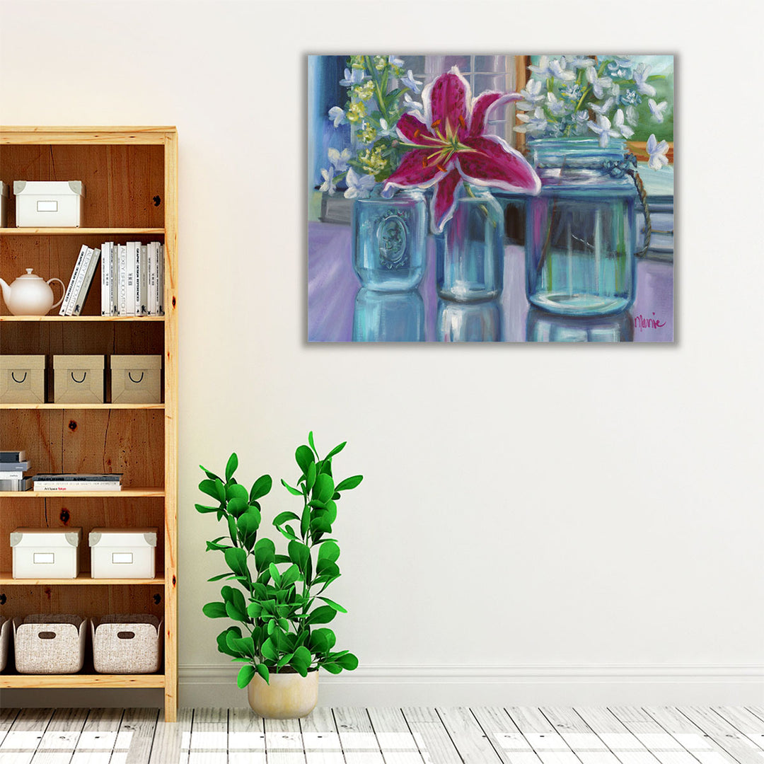 modern kitchen print – blue jar flowers