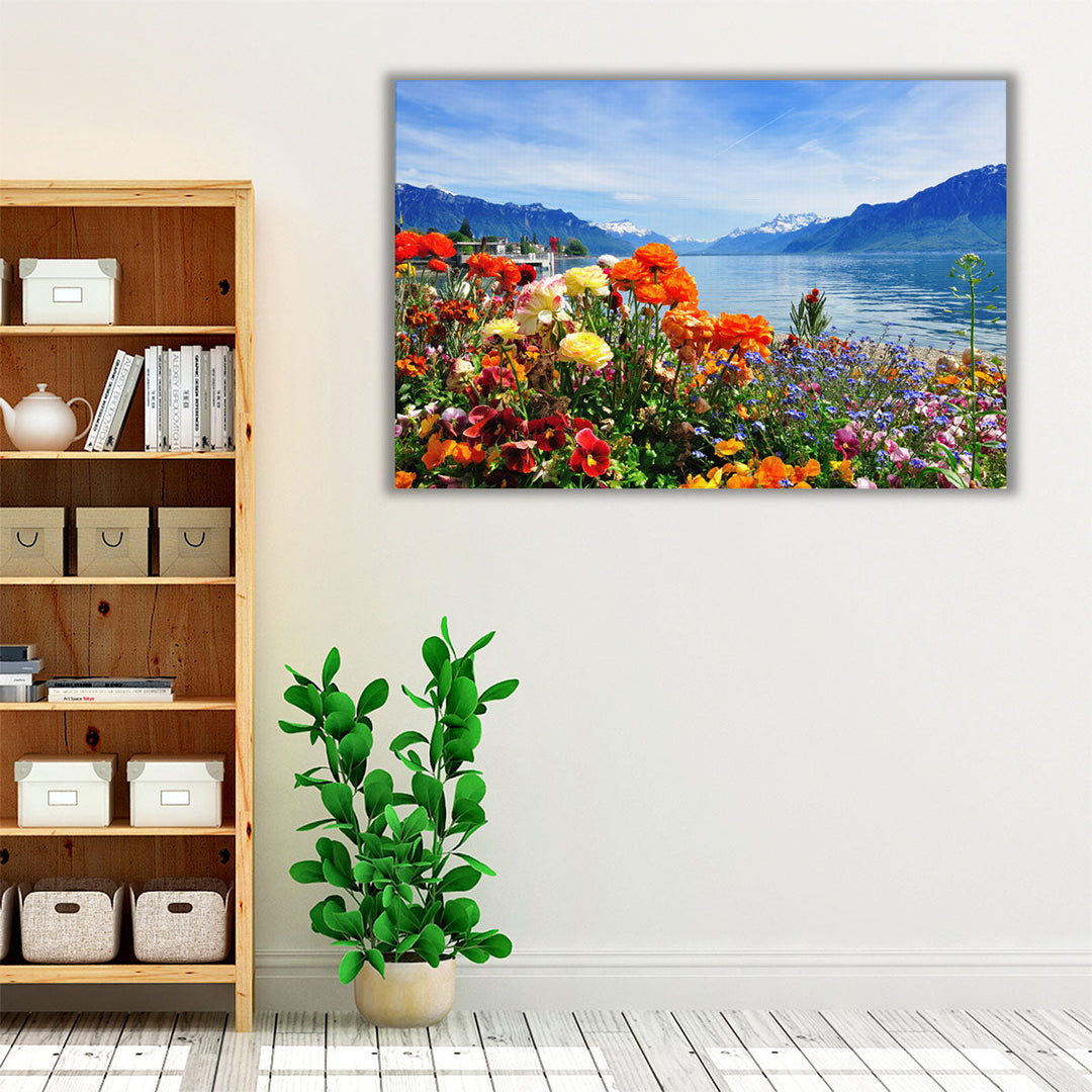 Colorful Flowers in Bloom Near Lakeshore - Canvas Print Wall Art