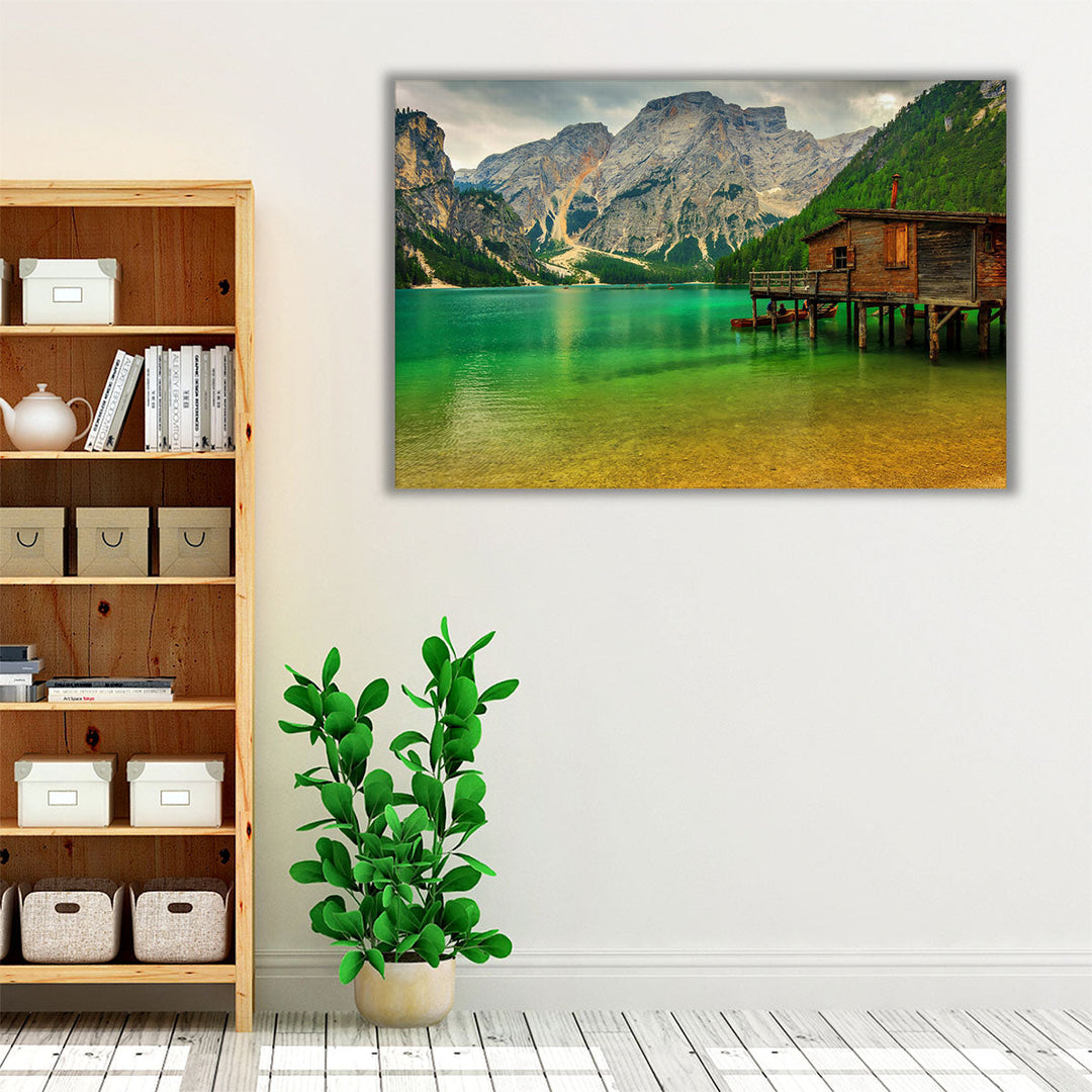 Scenic alpine wall art with lake and mountain backdrop