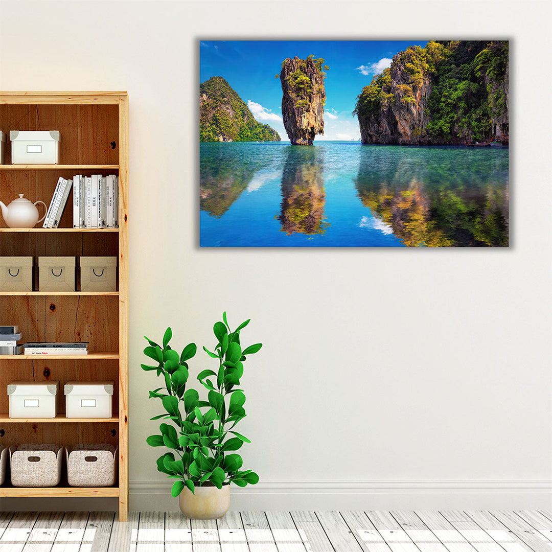 Brown blue and green wall art with natural landscape