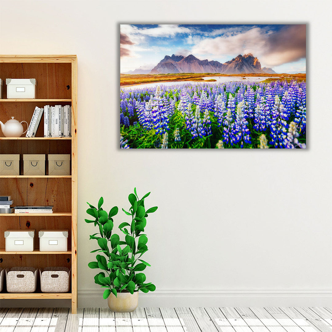 Vibrant floral and mountain wall art with natural light