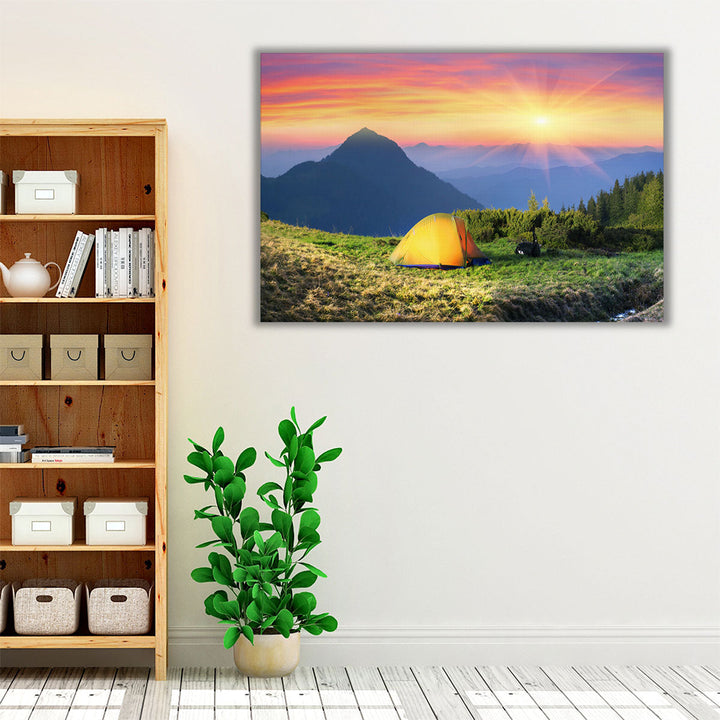Yellow green and blue scenic wall art with sunrise view