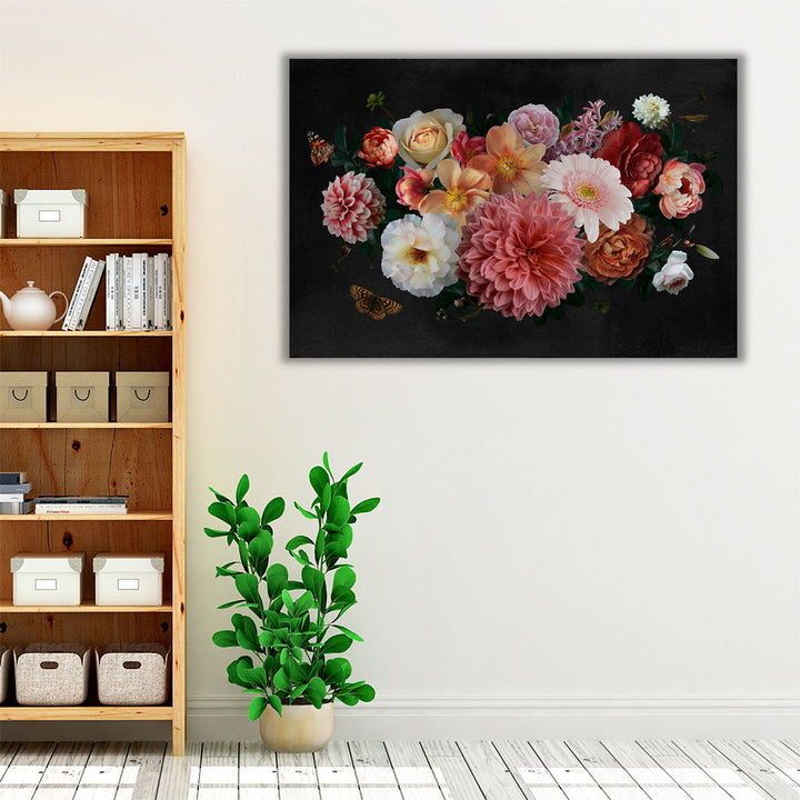 Beautiful Colorful Peonies, Roses, Leaves and Butterfly - Canvas Print Wall Art