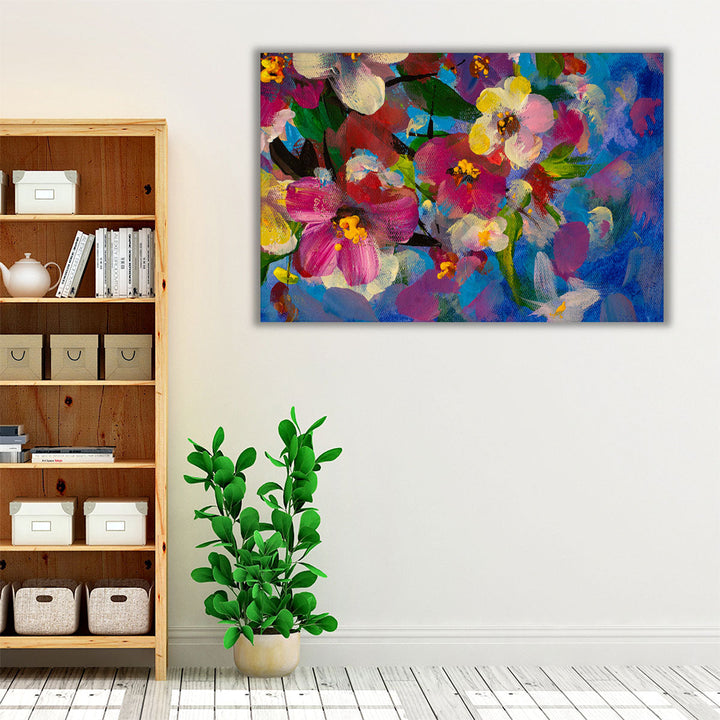 Colorful Oil Painting of Pink, Yellow and Red Flowers - Canvas Print Wall Art