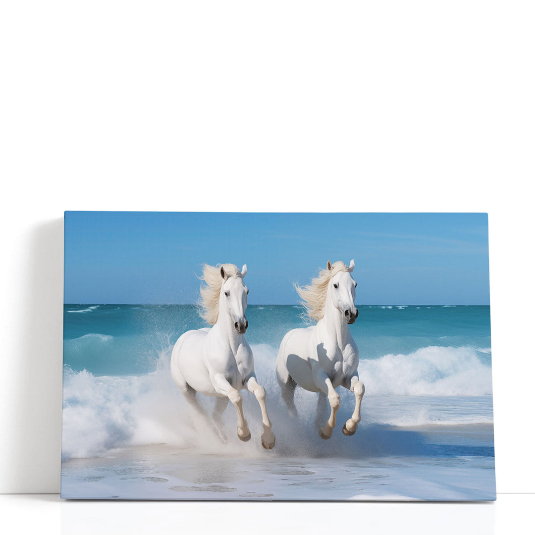 Two White Horses Running On a Beach - Canvas Print Wall Art