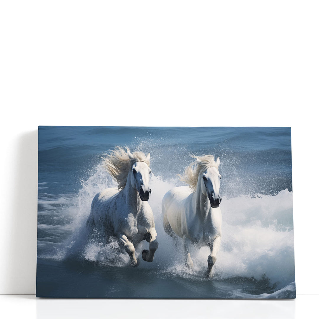 Two White Horses Running on a Beach With Waves - Canvas Print Wall Art