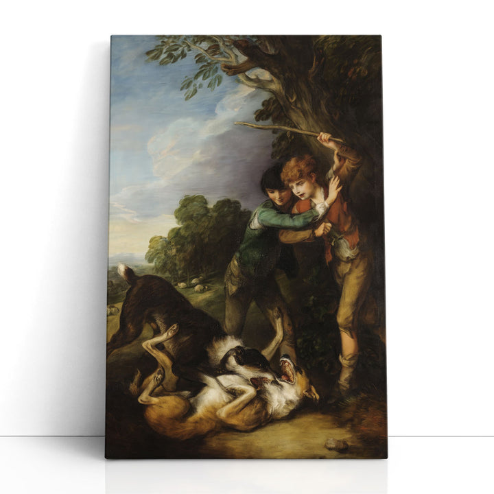 Two Shepherd Boys with Dogs Fighting - Canvas Print Wall Art