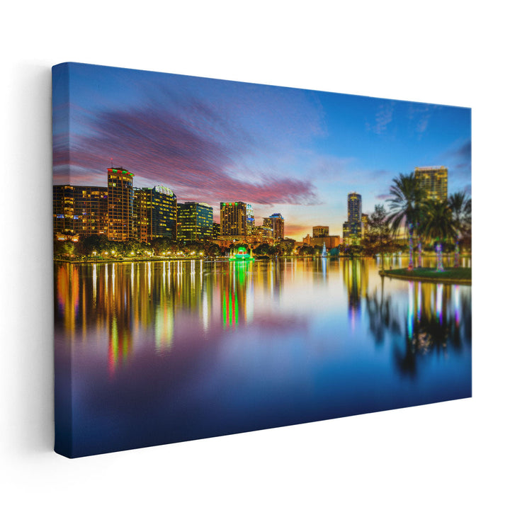 Orlando, Florida Downtown City Skyline On Eola Lake - Canvas Print Wall Art