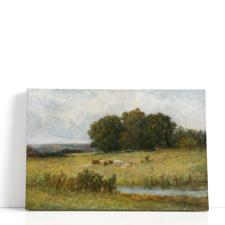 Bright Scene of Cattle near Stream - Canvas Print Wall Art