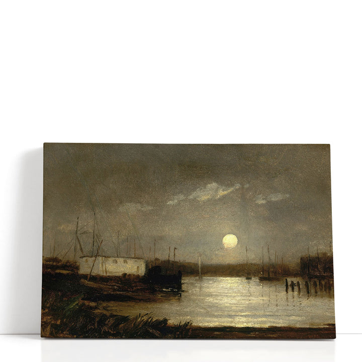 Wharf Scene with Full Moon and Masts of Boats - Canvas Print Wall Art