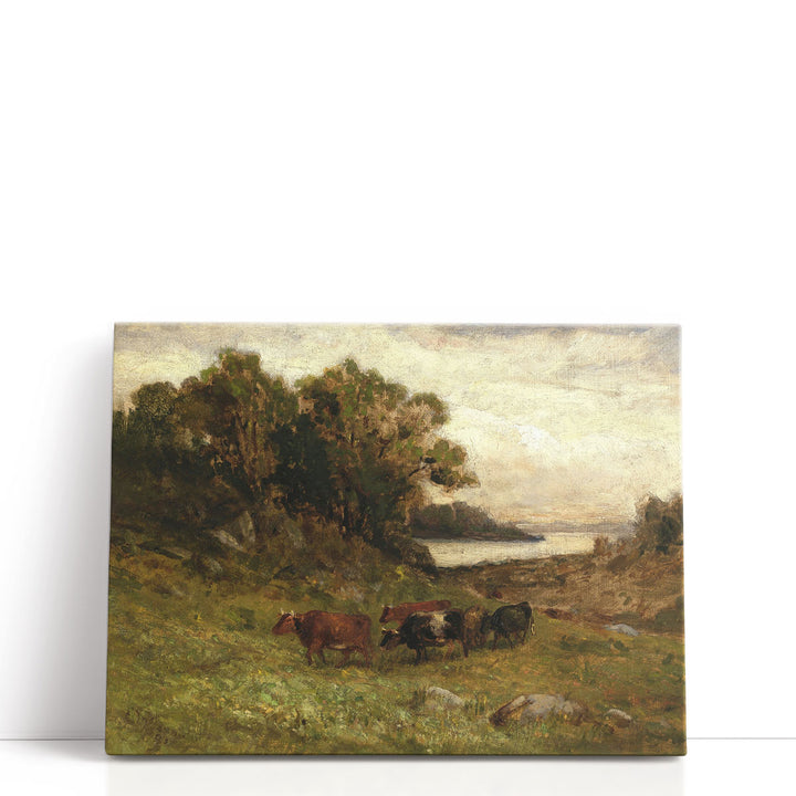 Five Cows Grazing with Trees and River in Background - Canvas Print Wall Art