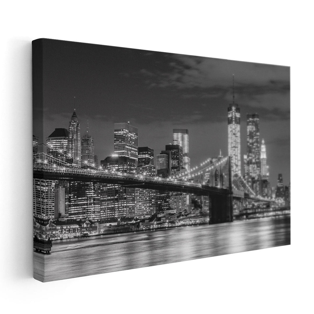 Brooklyn Bridge and Manhattan Skyline At Night in Black and White - Canvas Print Wall Art