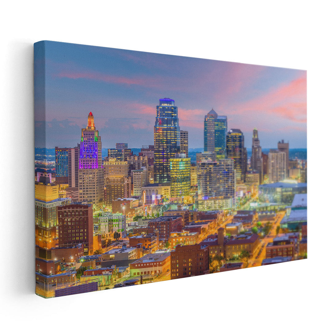 Kansas City, Missouri, Downtown Cityscape At Twilight - Canvas Print Wall Art