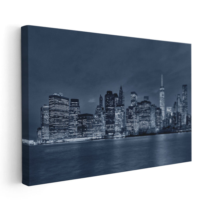 New York City Manhattan Downtown Skyline At Night - Canvas Print Wall Art