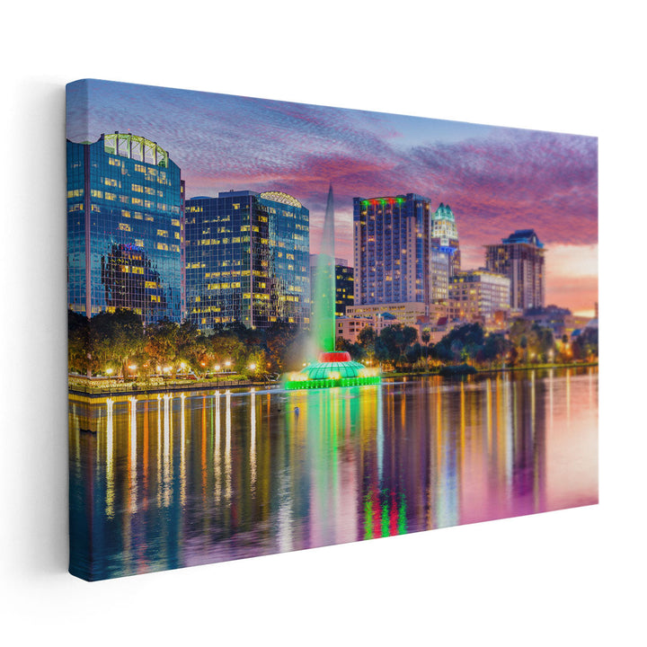 Orlando, Florida, Skyline At Dusk on Eola Lake - Canvas Print Wall Art