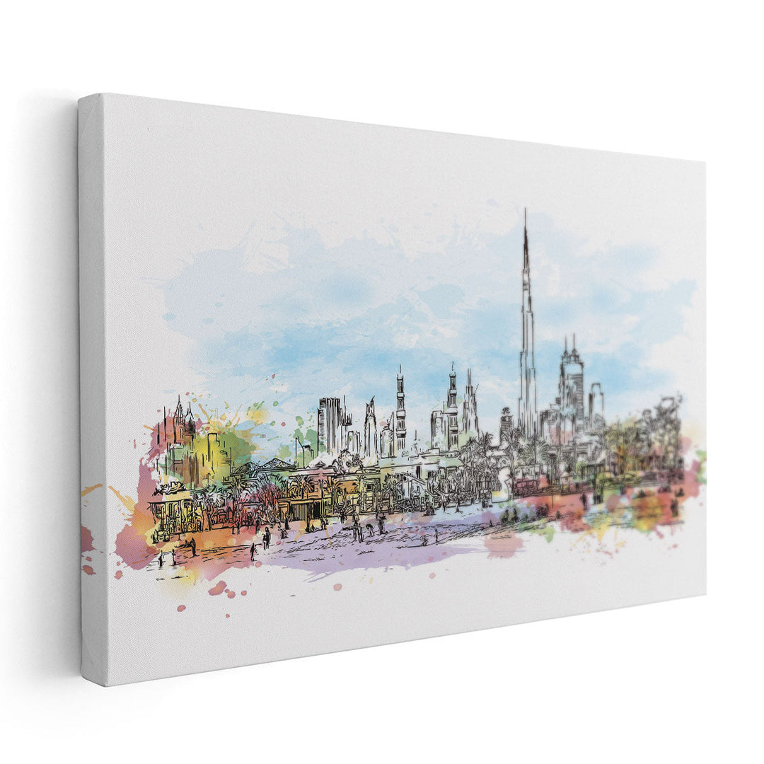 Watercolor Sketch of Jumeirah Beach with Burj Skyline Dubai - Canvas Print Wall Art