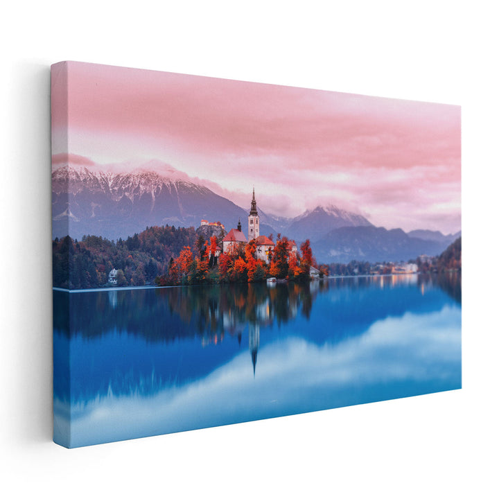 Ancient Church and Bled lake in Slovenia - Canvas Print Wall Art