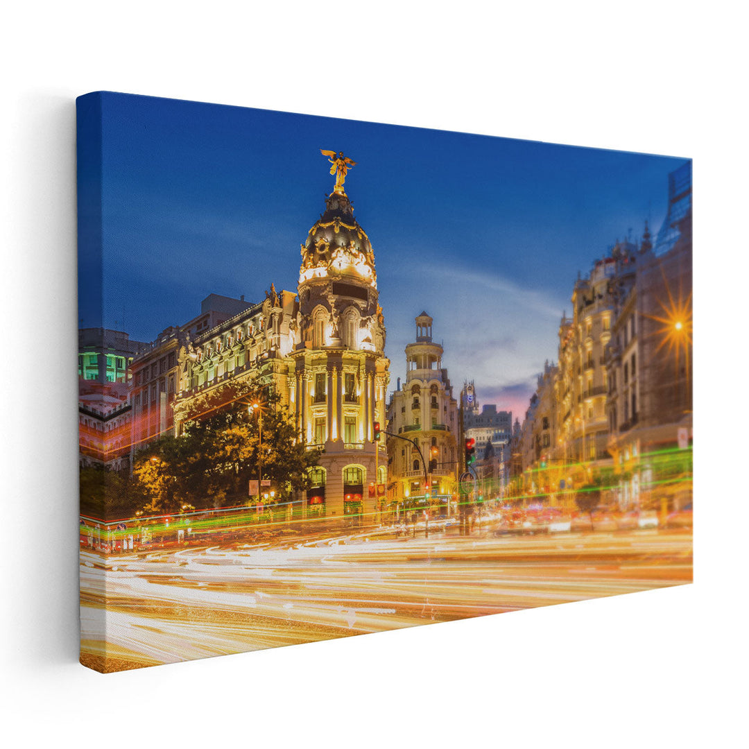 Madrid Gran via at Dusk Time, Spain - Canvas Print Wall Art