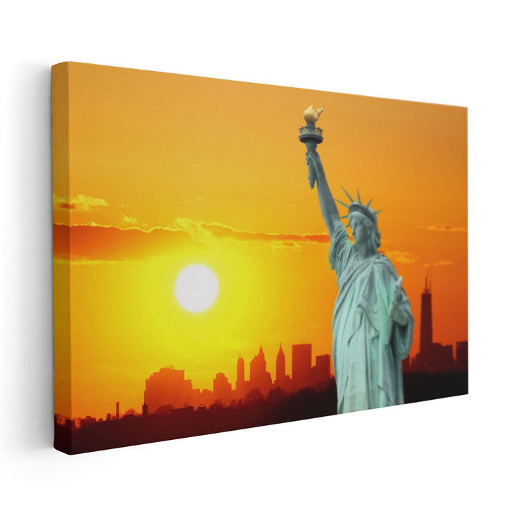 Manhattan Skyline and The Statue of Liberty at Sunset, New York City - Canvas Print Wall Art