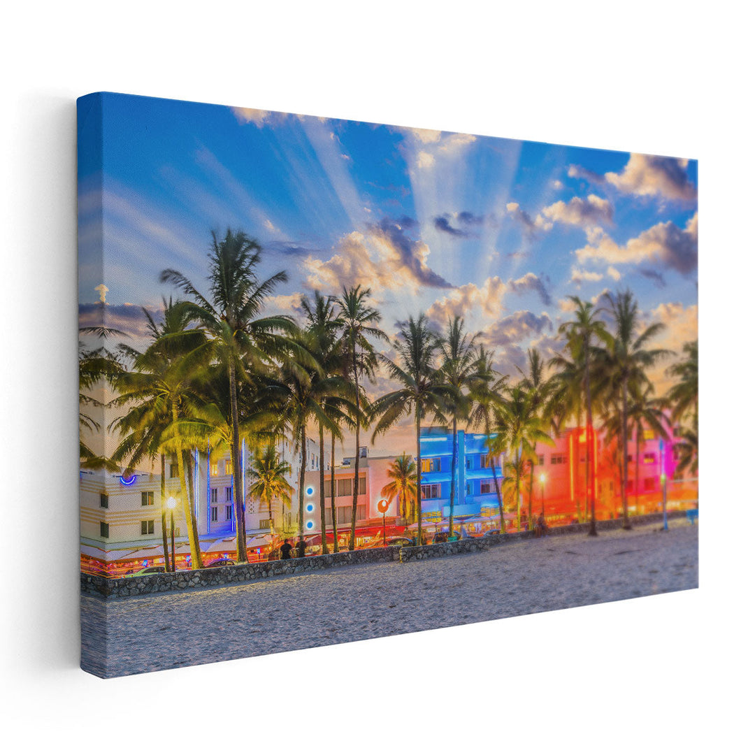 Miami Beach, Florida USA Cityscape on Ocean Drive - Canvas Print Wall Art