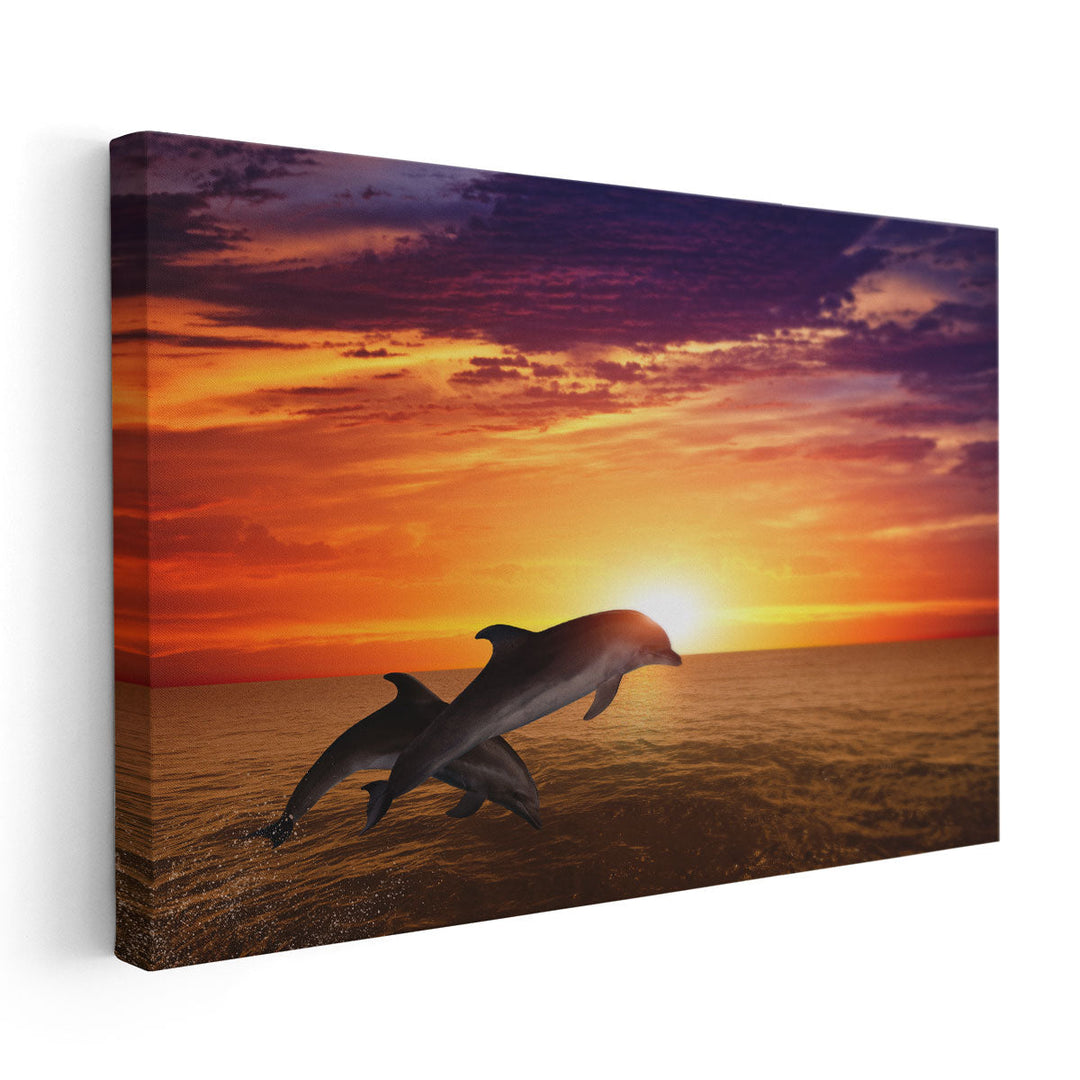 Jumping Dolphins, Beautiful Red Sunset on Sea - Canvas Print Wall Art