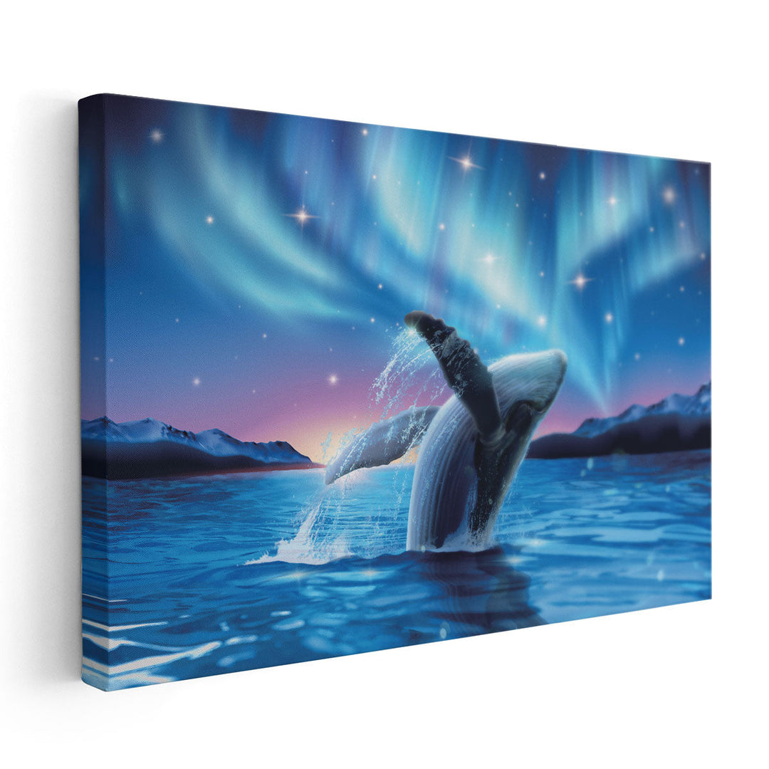 Humpback Whale Breaching Water With Breathtaking Aurora - Canvas Print Wall Art