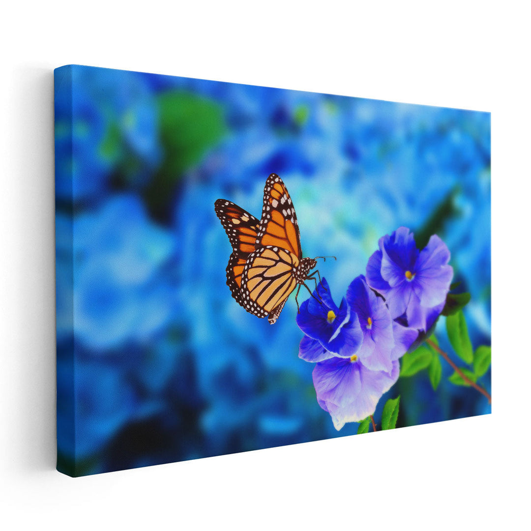 Beautiful Butterfly on Blue Flowers - Canvas Print Wall Art