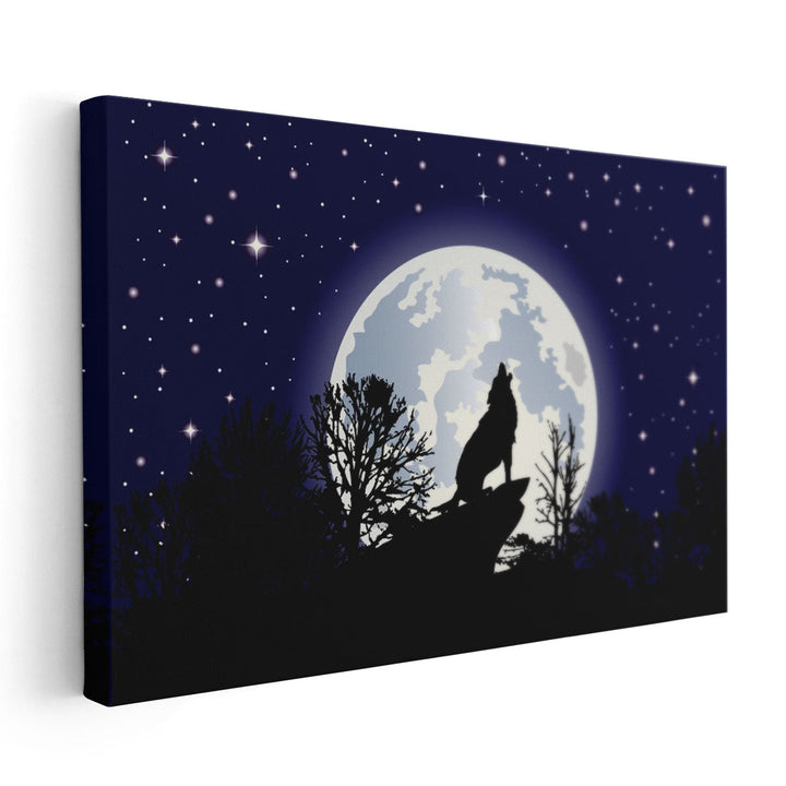 Howling Lone Wolf with Full Moon Background - Canvas Print Wall Art