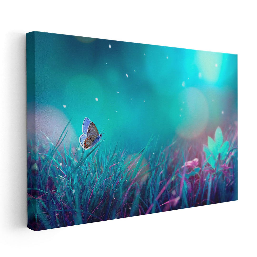 Butterfly in a Meadow At Night, Turquoise Background - Canvas Print Wall Art