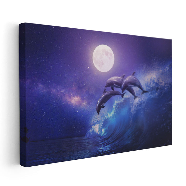 Three Dolphins Leaping in a Sea, Night Ocean and Full Moon - Canvas Print Wall Art